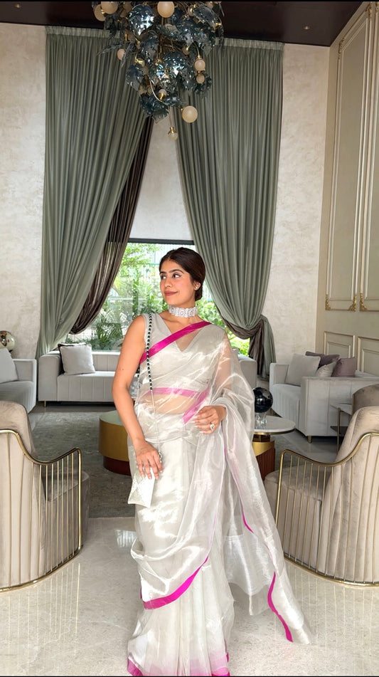 (Shop the look) Silver white & hot pink chanderi tissue silk saree