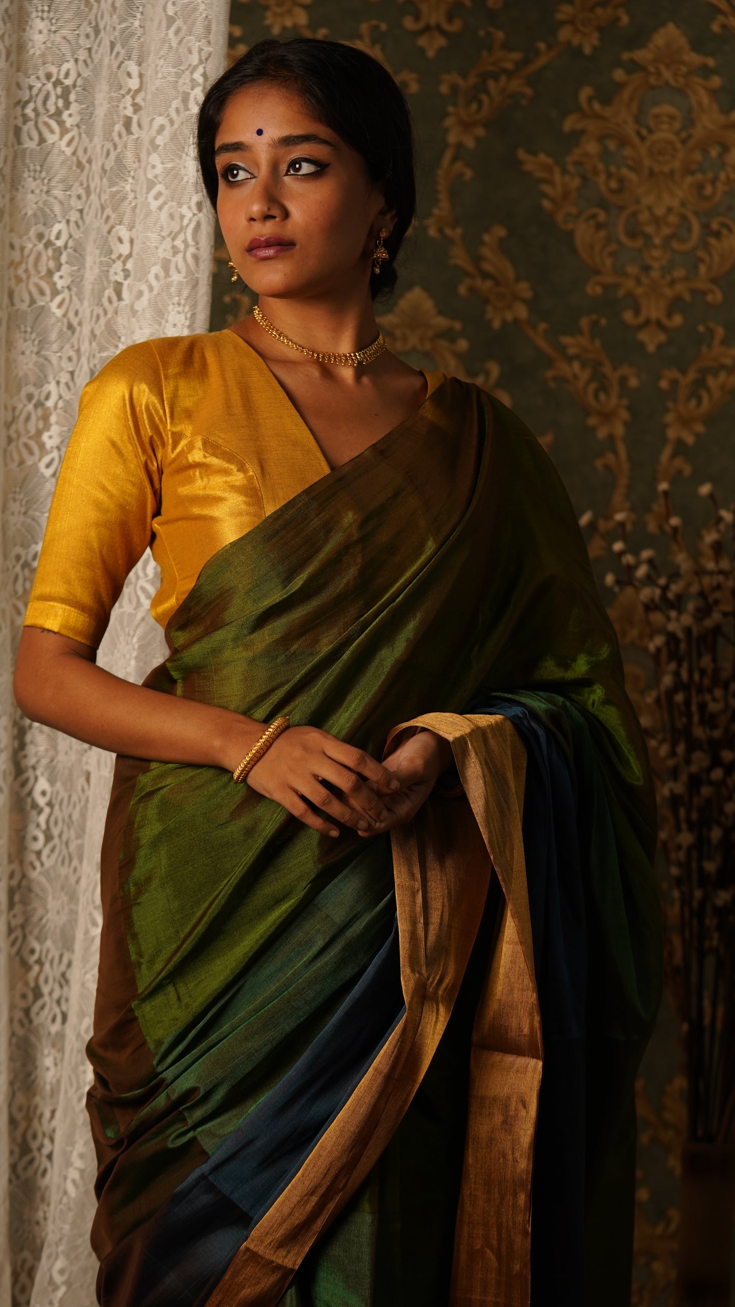 Green gold and blue chanderi tissue silk saree