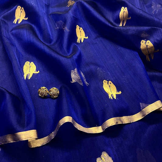 Midnight blue chanderi organza silk saree with bird motifs all over