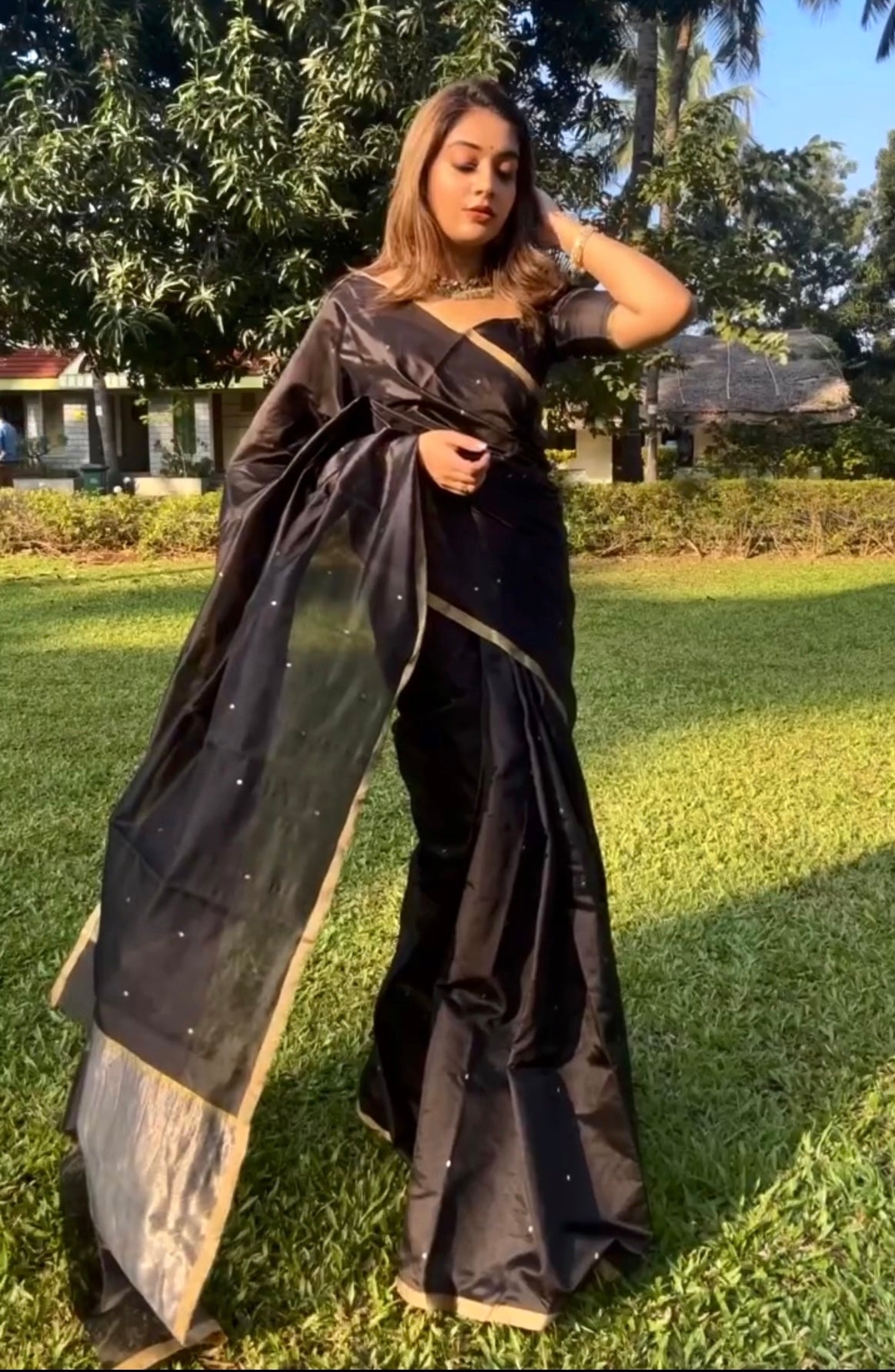 Black chanderi silk saree with zari bootis all over