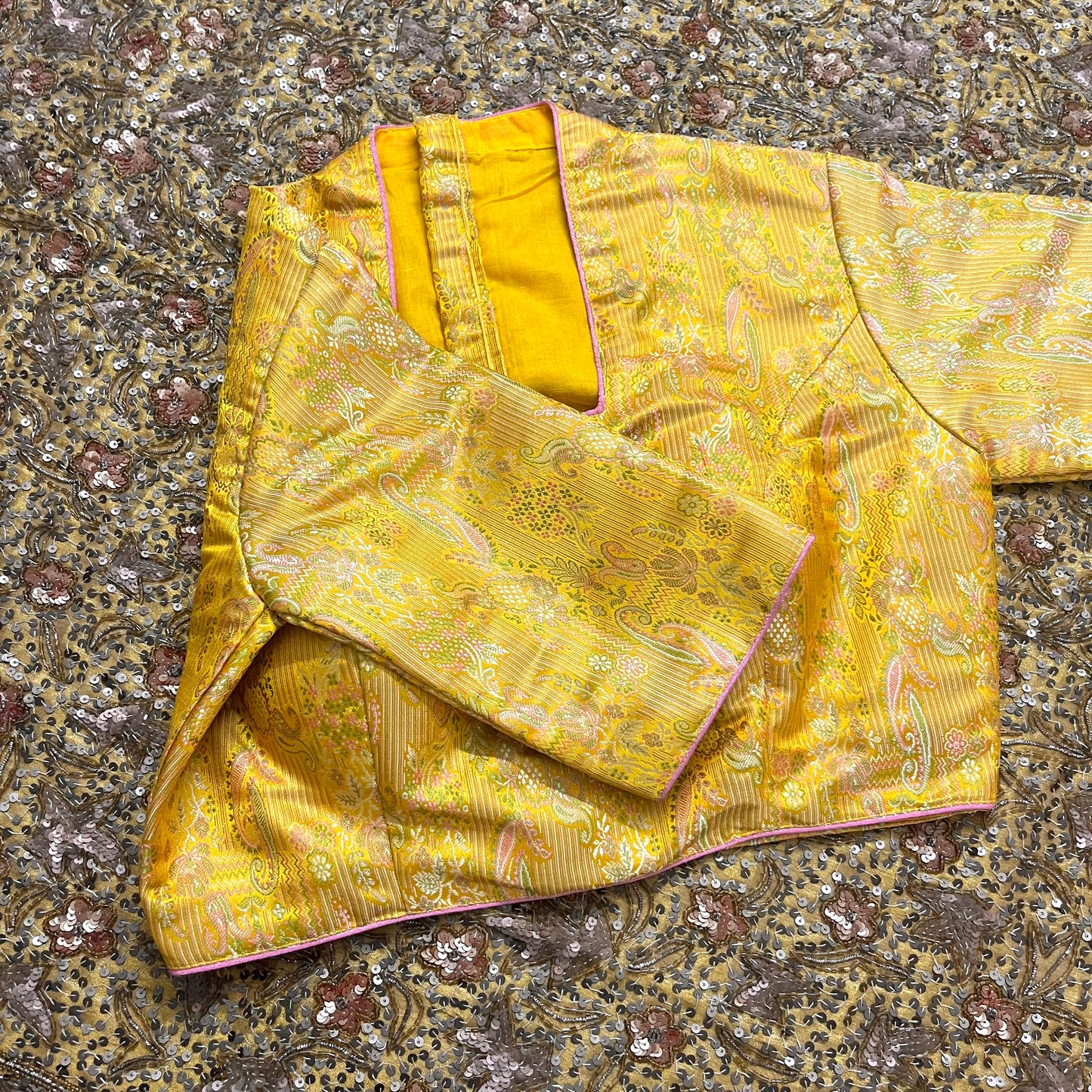 Yellow brocade silk stitched blouse