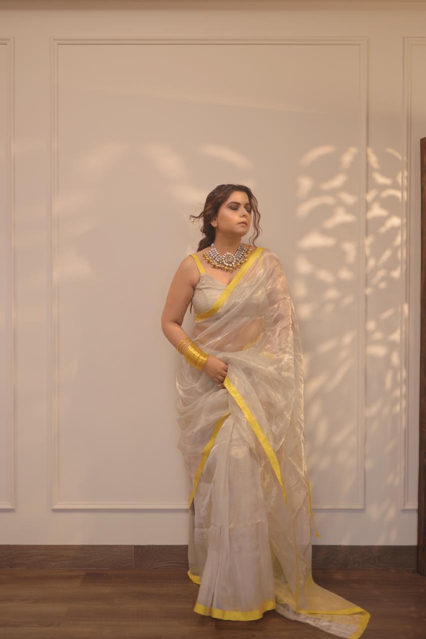 (Shop the look) Silver white and lemon chanderi tissue silk saree