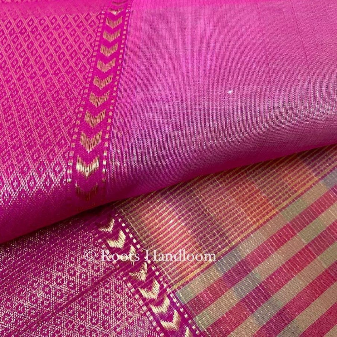 Grey & pink maheshwari saree with zari lines all over