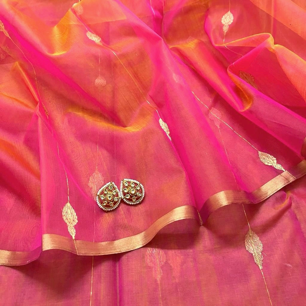 Coral pink dual tone Chanderi organza silk saree with jhumka motifs all over