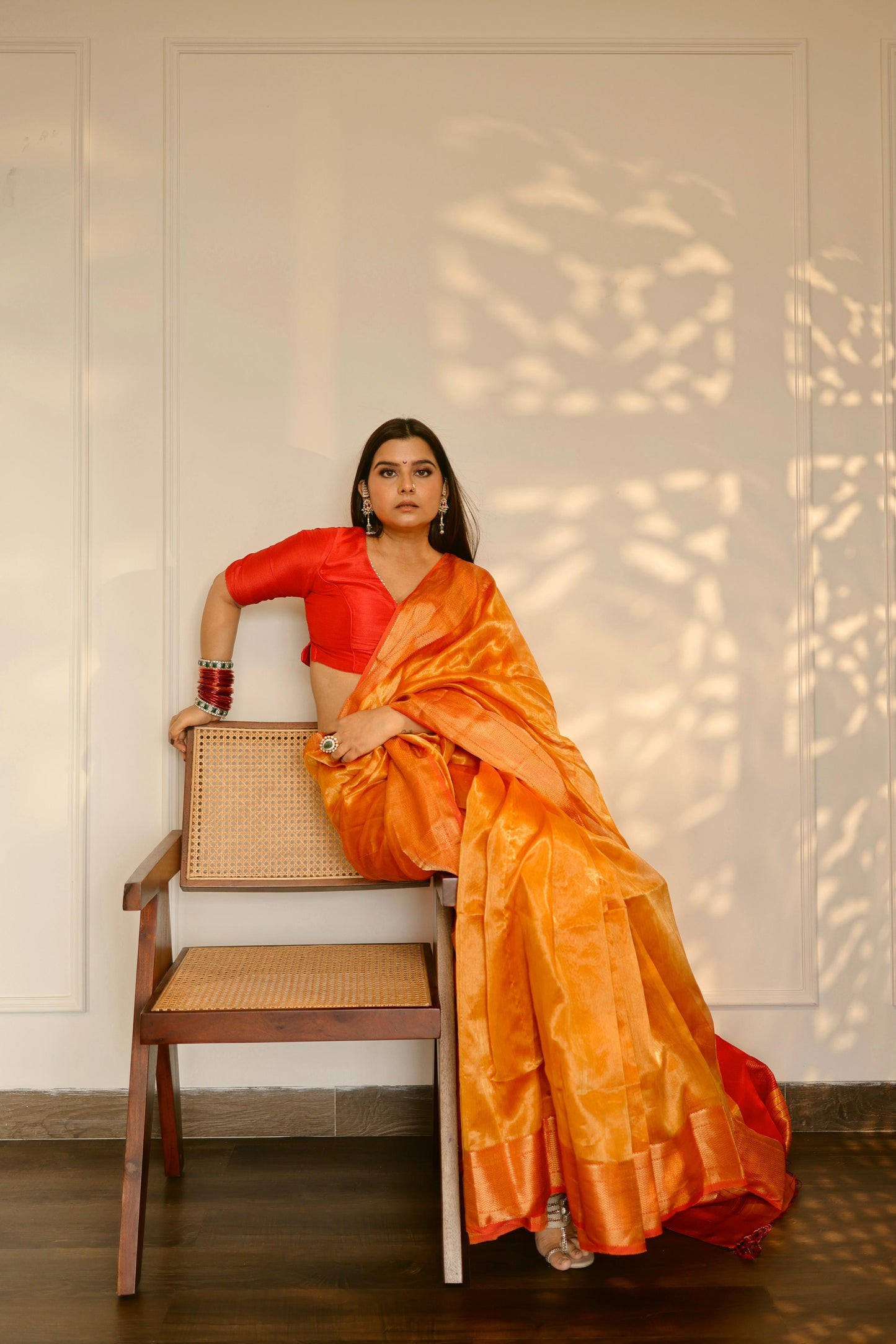 Mustard and red maheshwari tissue silk saree with zari pattern on pallu