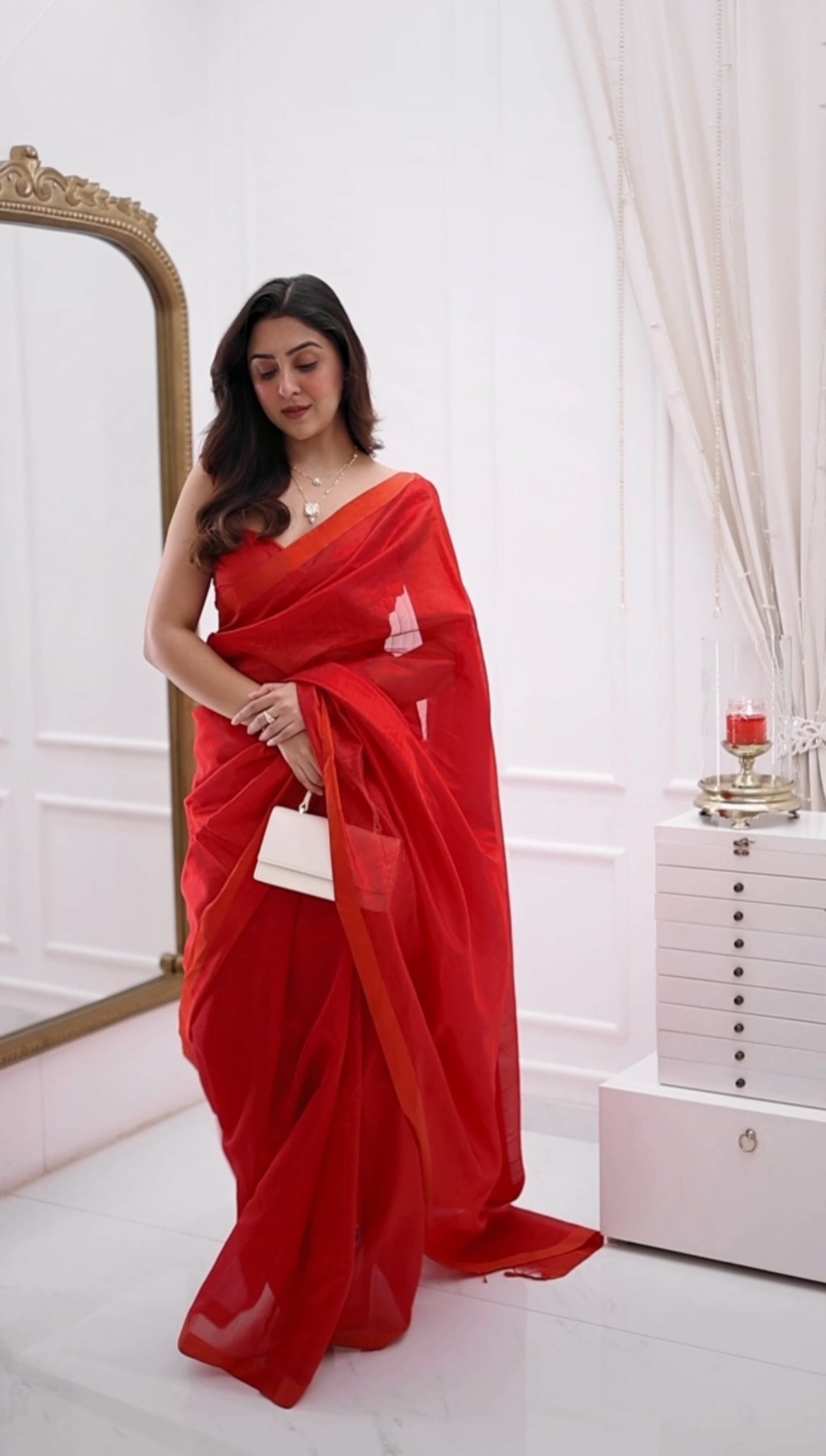 Red chanderi silk saree with silk border