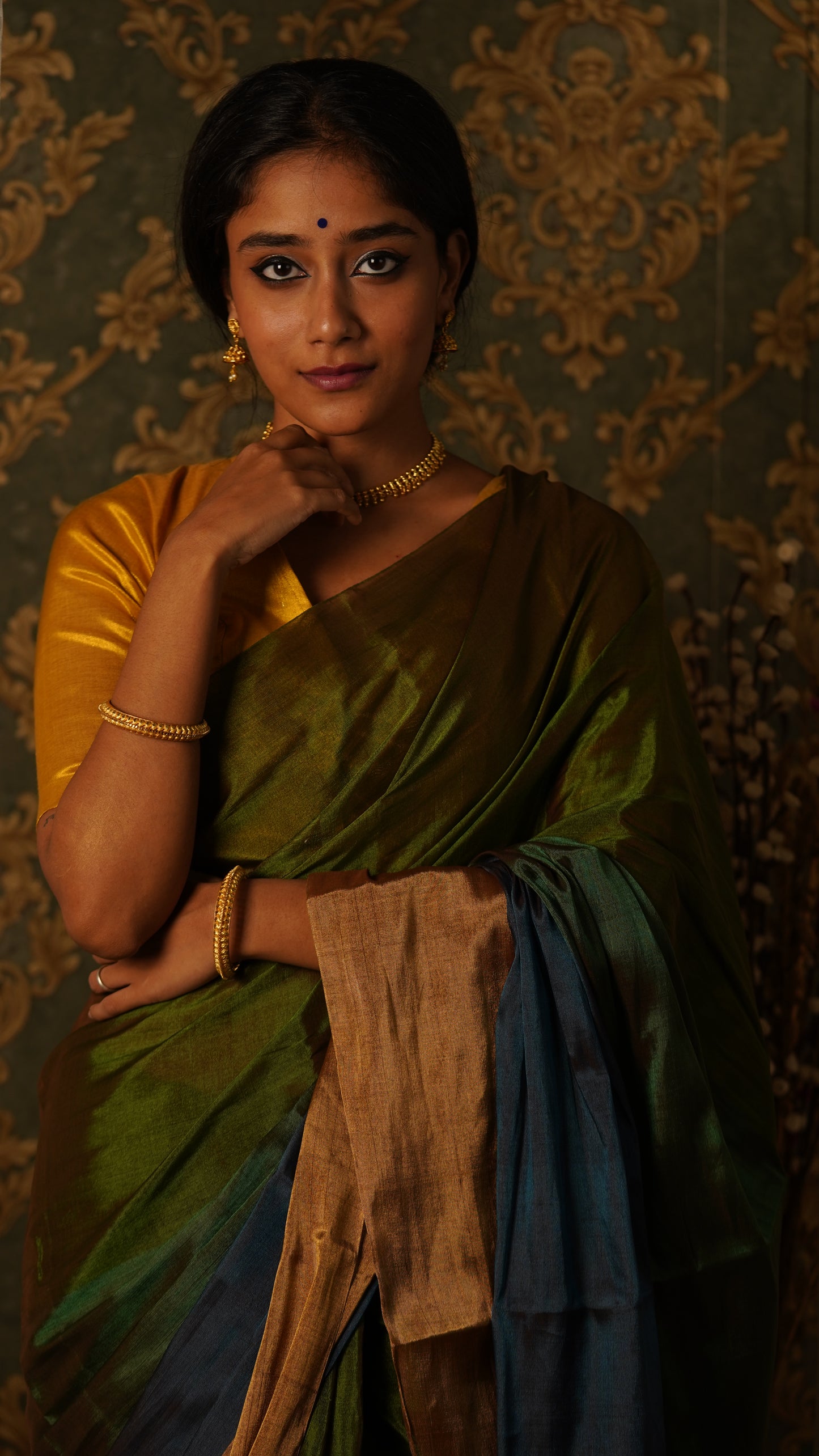 Green gold and blue chanderi tissue silk saree