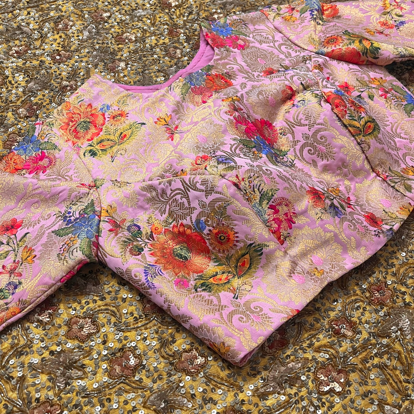 Rose pink brocade silk pre stitched blouse