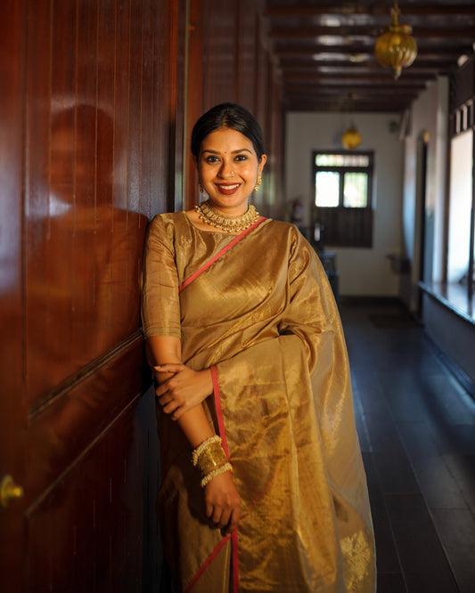 (Shop the look) Antique gold & pink maheshwari tissue silk saree with zari lines on pallu