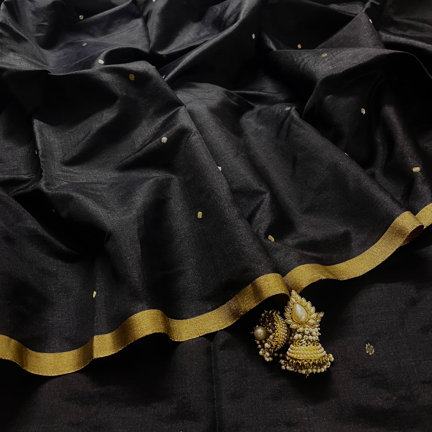 Black chanderi silk saree with zari bootis all over