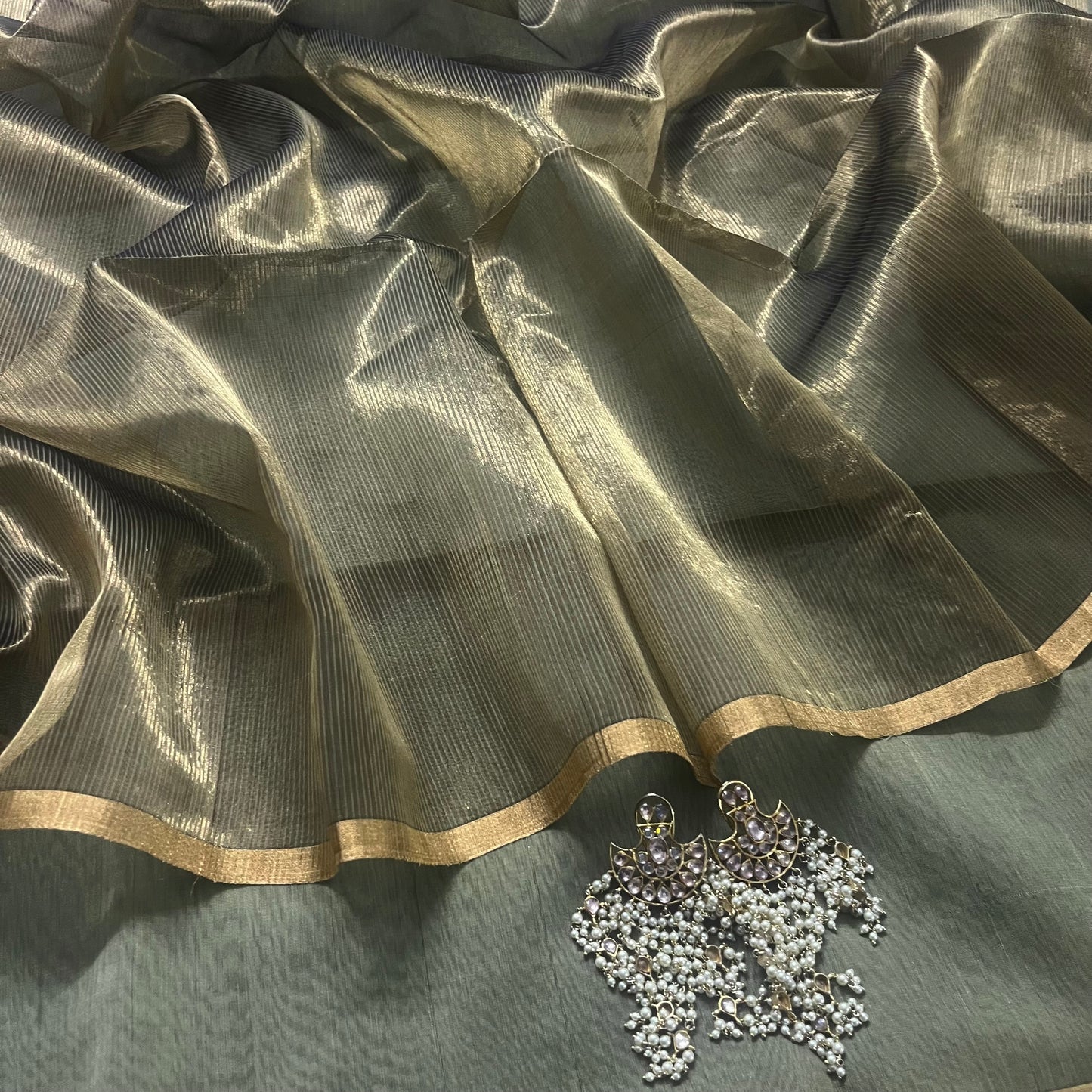 Olive and gold Maheshwari saree with zari border