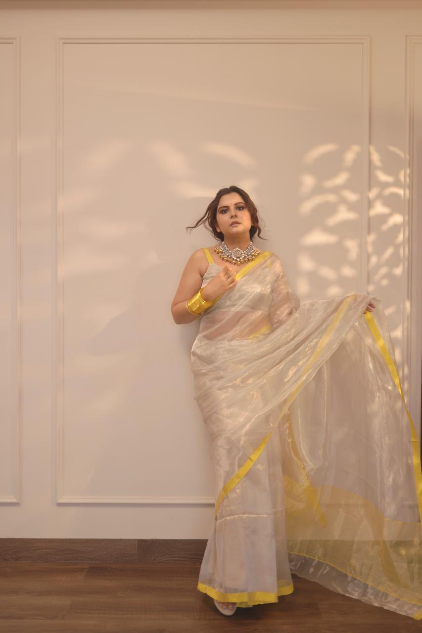 (Shop the look) Silver white and lemon chanderi tissue silk saree