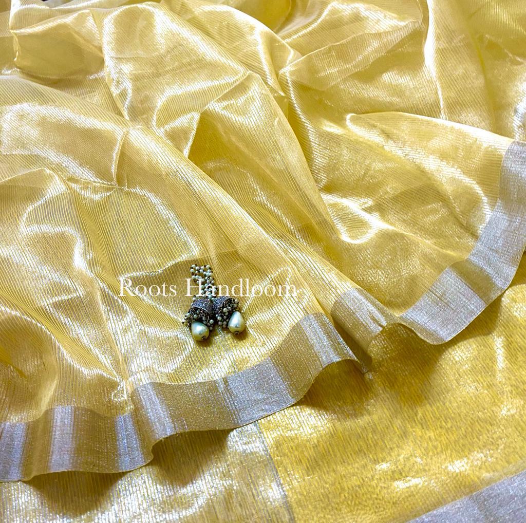 Yellow Maheshwari saree with Zari lines all over