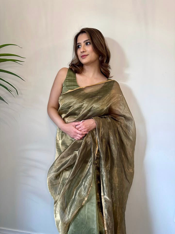 Olive and gold Maheshwari saree with zari border