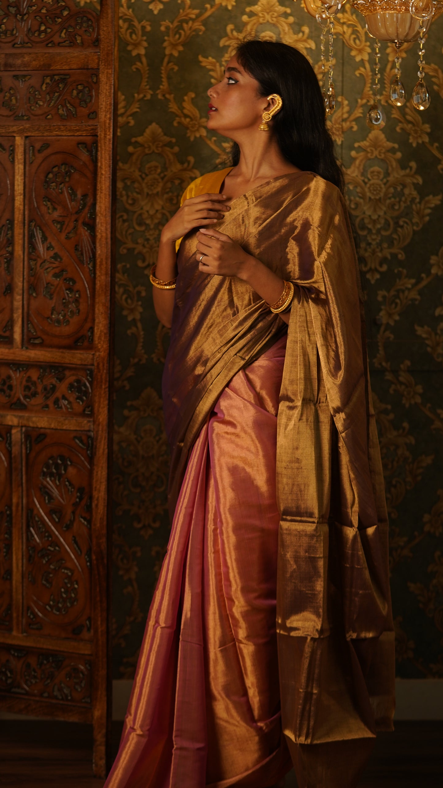 Antique gold and pink chanderi tissue silk saree