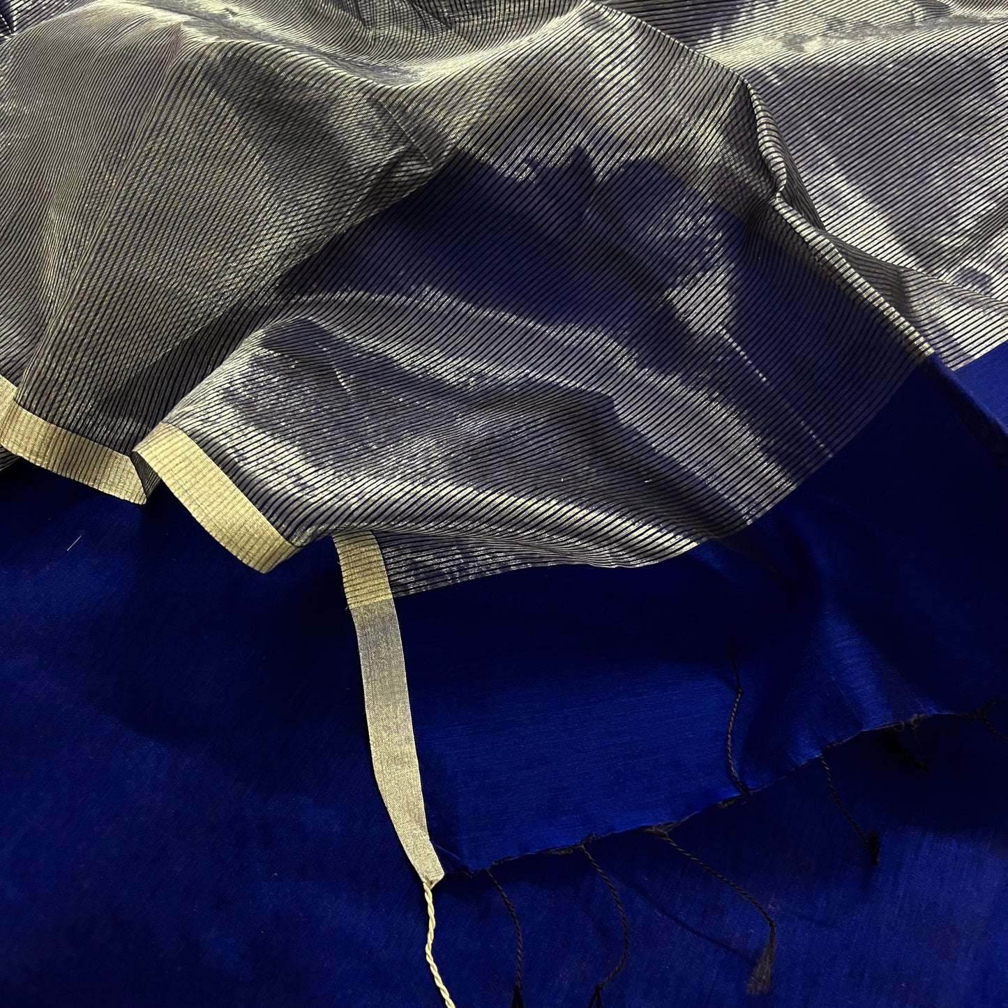 Dark blue and silver maheshwari saree with zari border