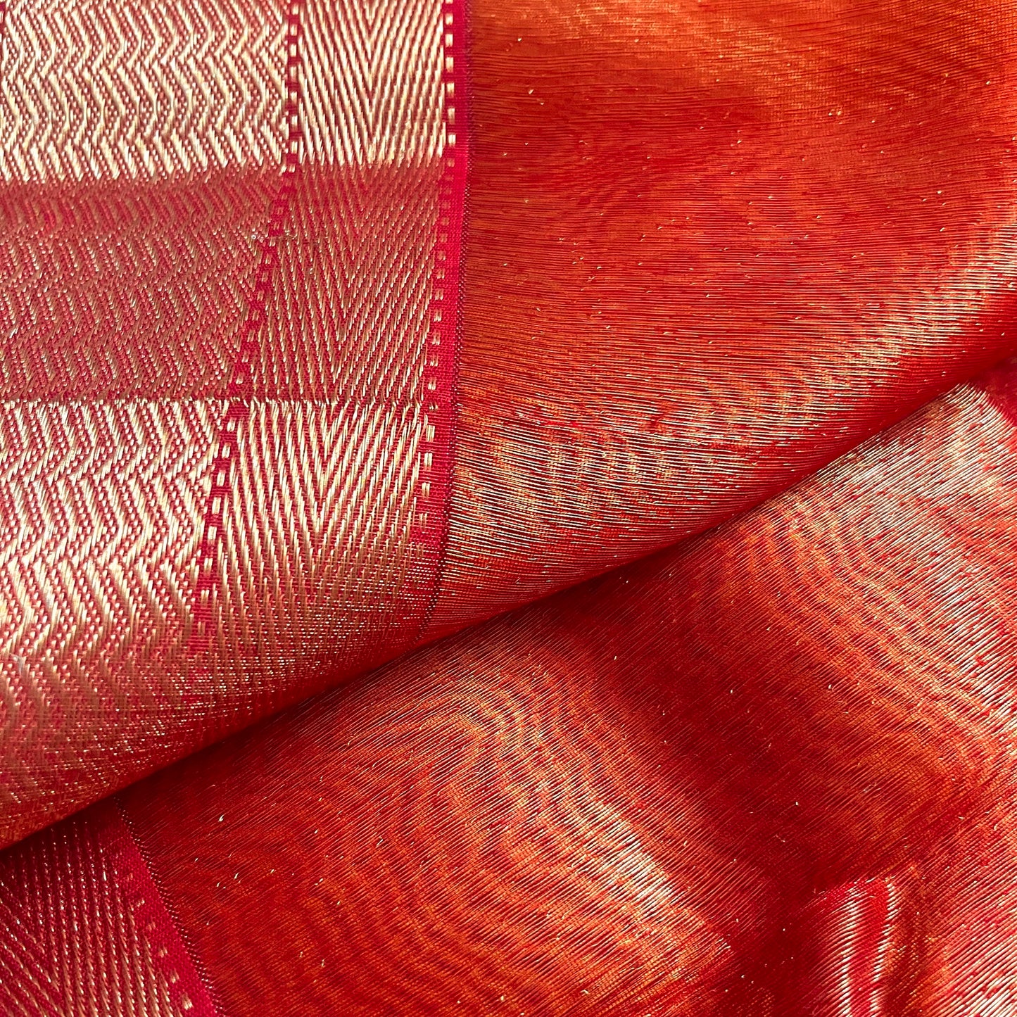 Mustard and red maheshwari tissue silk saree with zari pattern on pallu