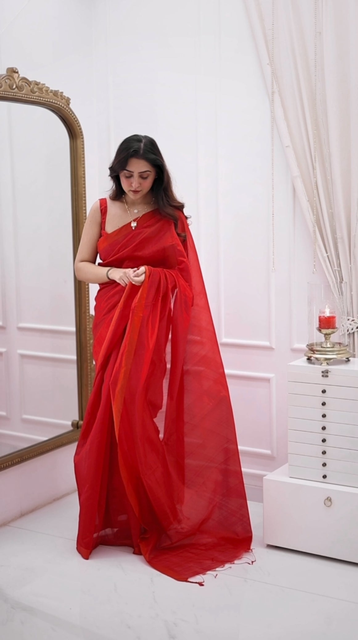 Red chanderi silk saree with silk border