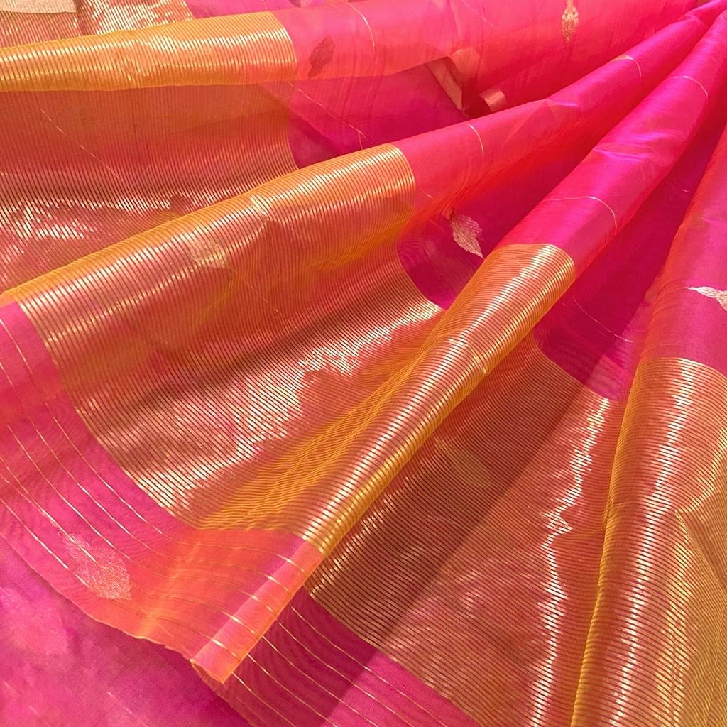 Coral pink dual tone Chanderi organza silk saree with jhumka motifs all over