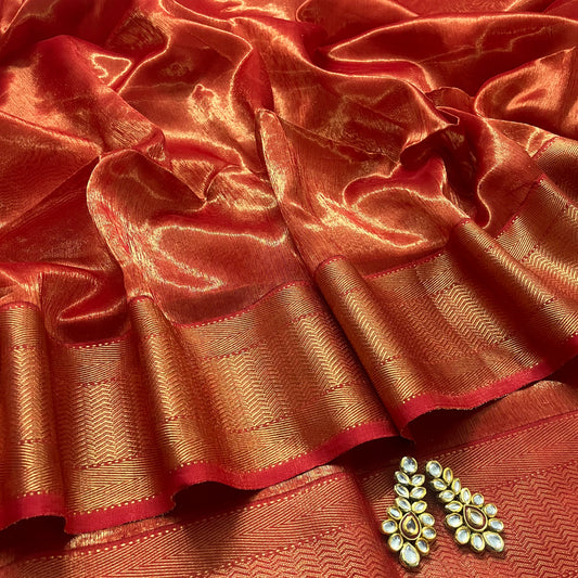 Red maheshwari tissue silk saree with zari pattern on pallu