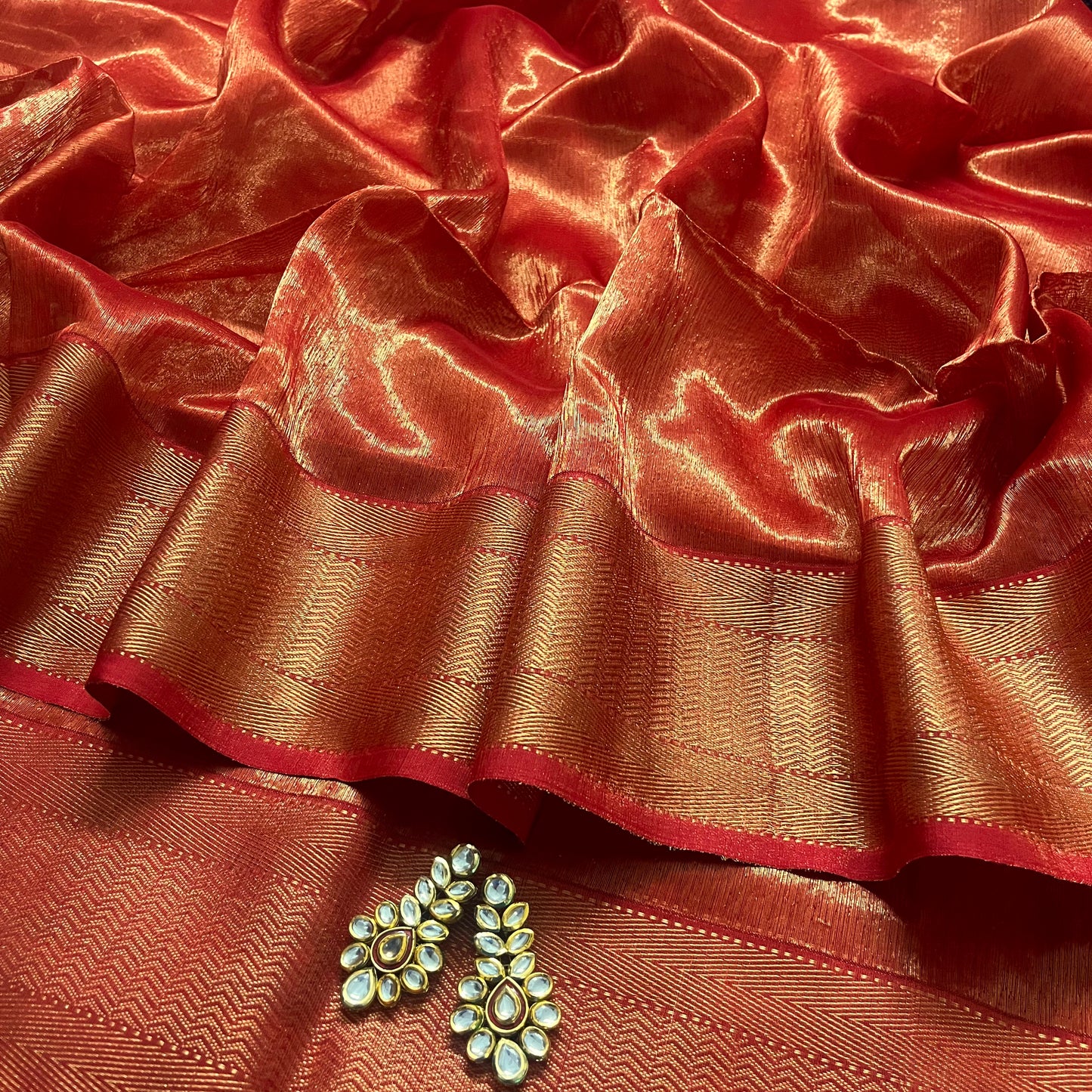 Red maheshwari tissue silk saree with zari pattern on pallu