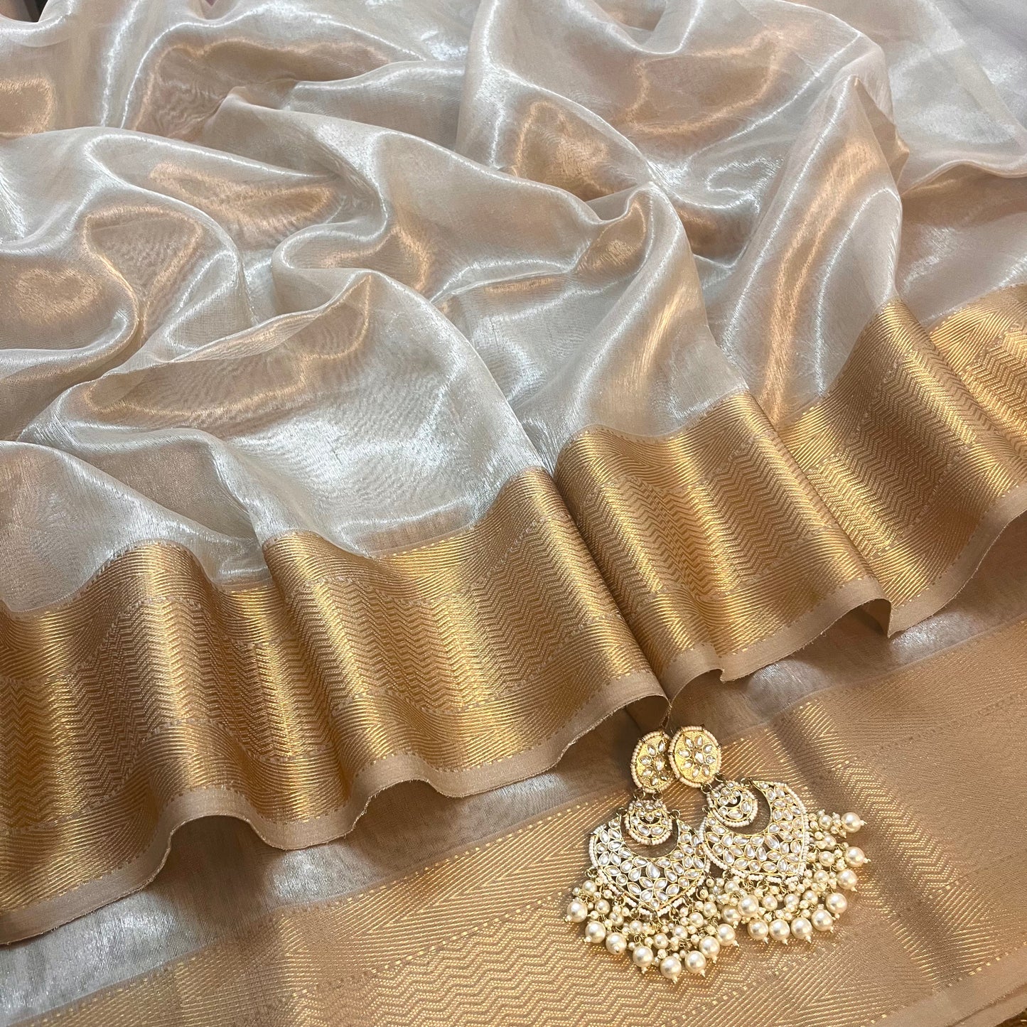 Champagne gold maheshwari tissue silk saree with zari border