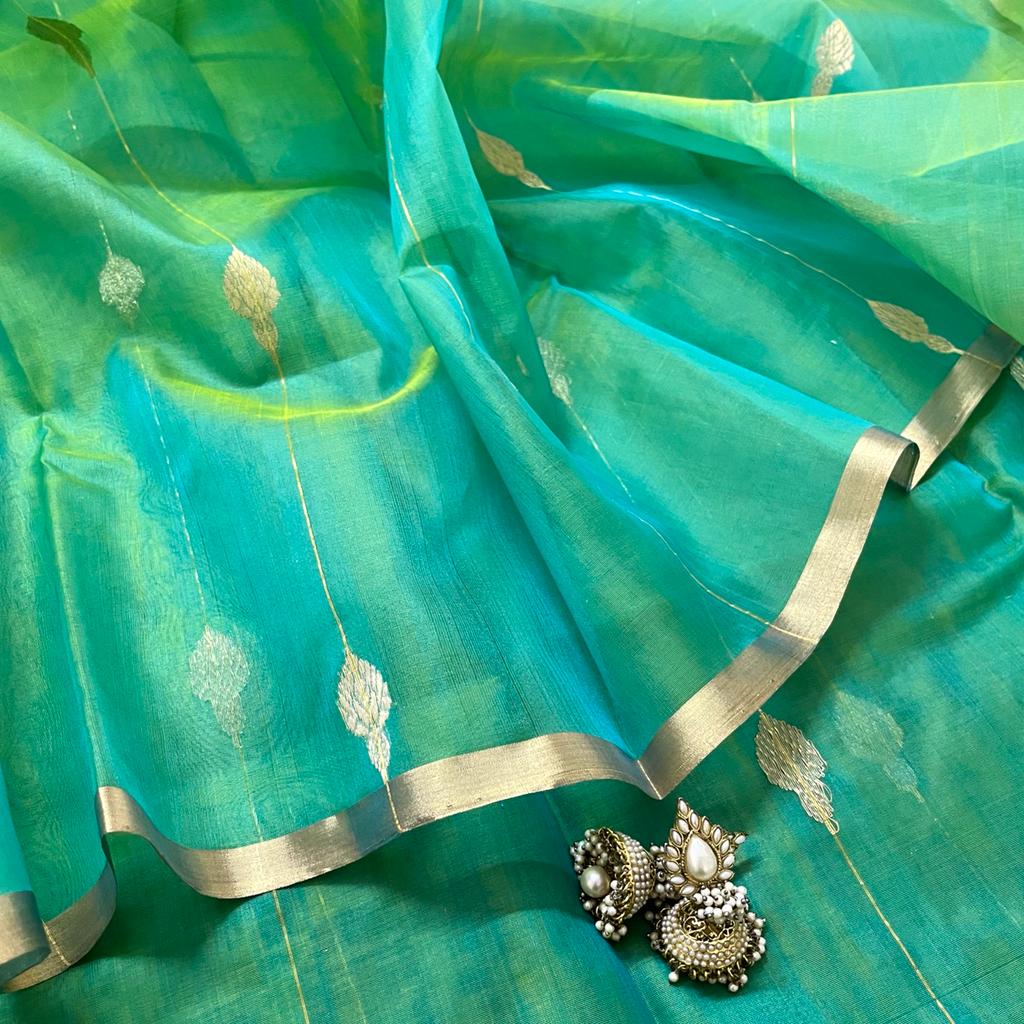 Green and gold dual tone chanderi organza silk saree with jhumka motifs all over