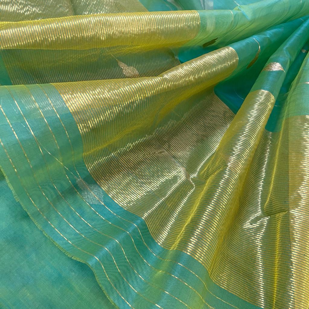 Green and gold dual tone chanderi organza silk saree with jhumka motifs all over