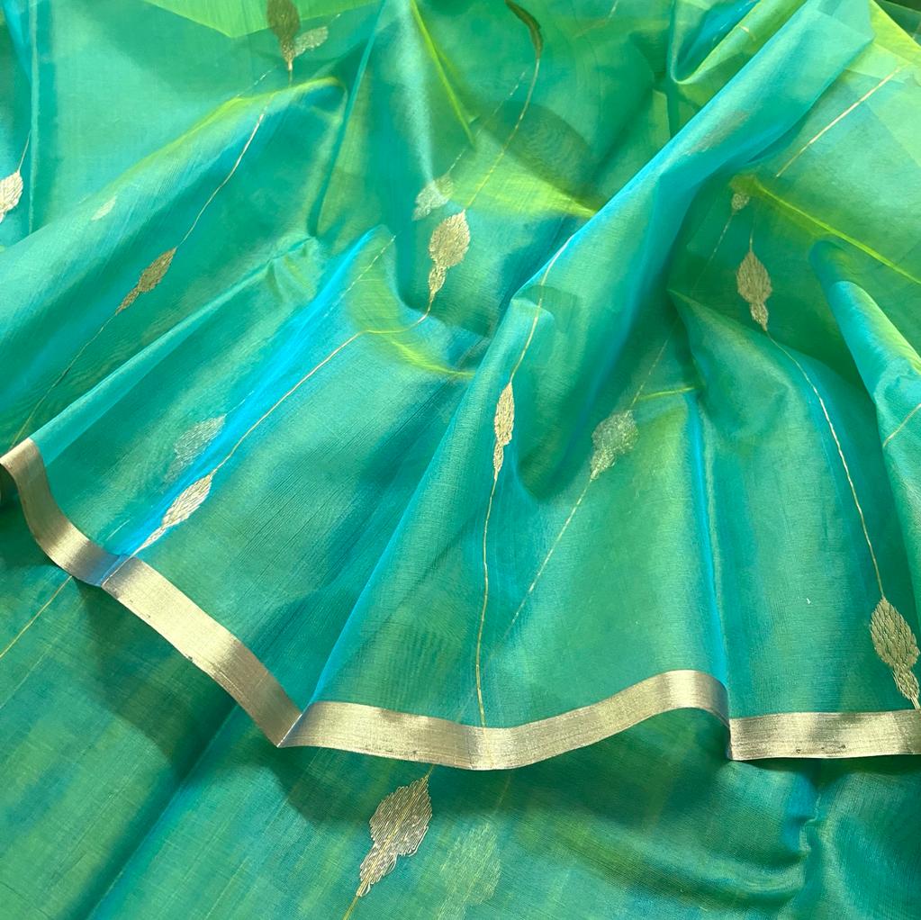 Green and gold dual tone chanderi organza silk saree with jhumka motifs all over