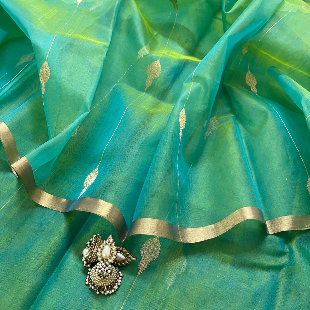 Green and gold dual tone chanderi organza silk saree with jhumka motifs all over