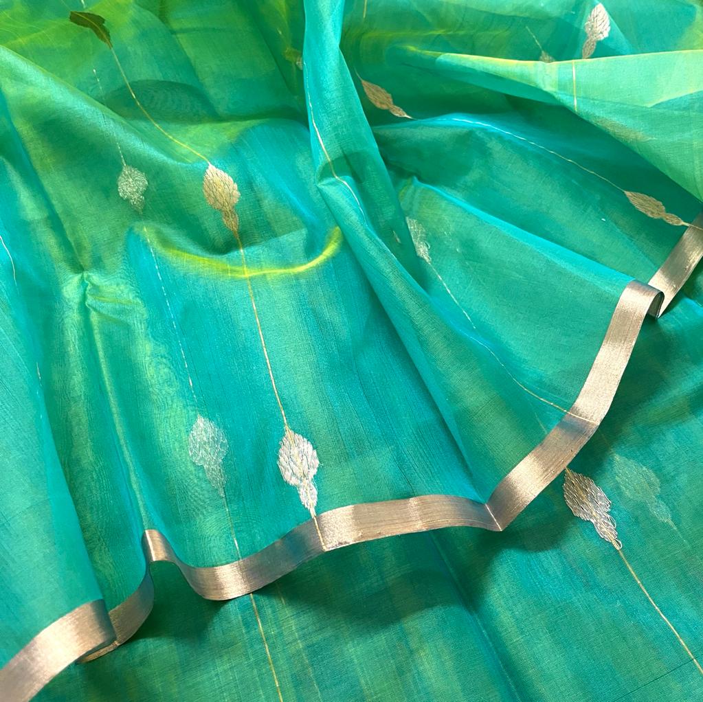 Green and gold dual tone chanderi organza silk saree with jhumka motifs all over