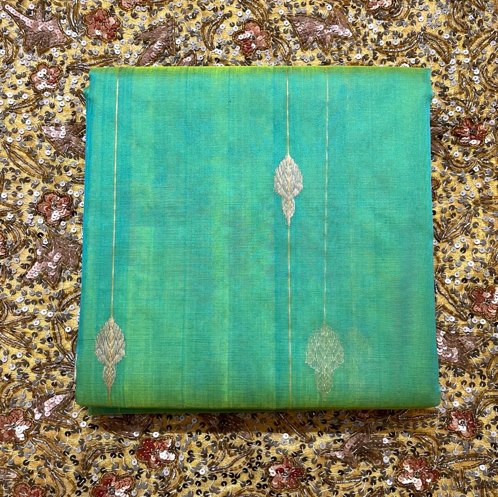 Green and gold dual tone chanderi organza silk saree with jhumka motifs all over