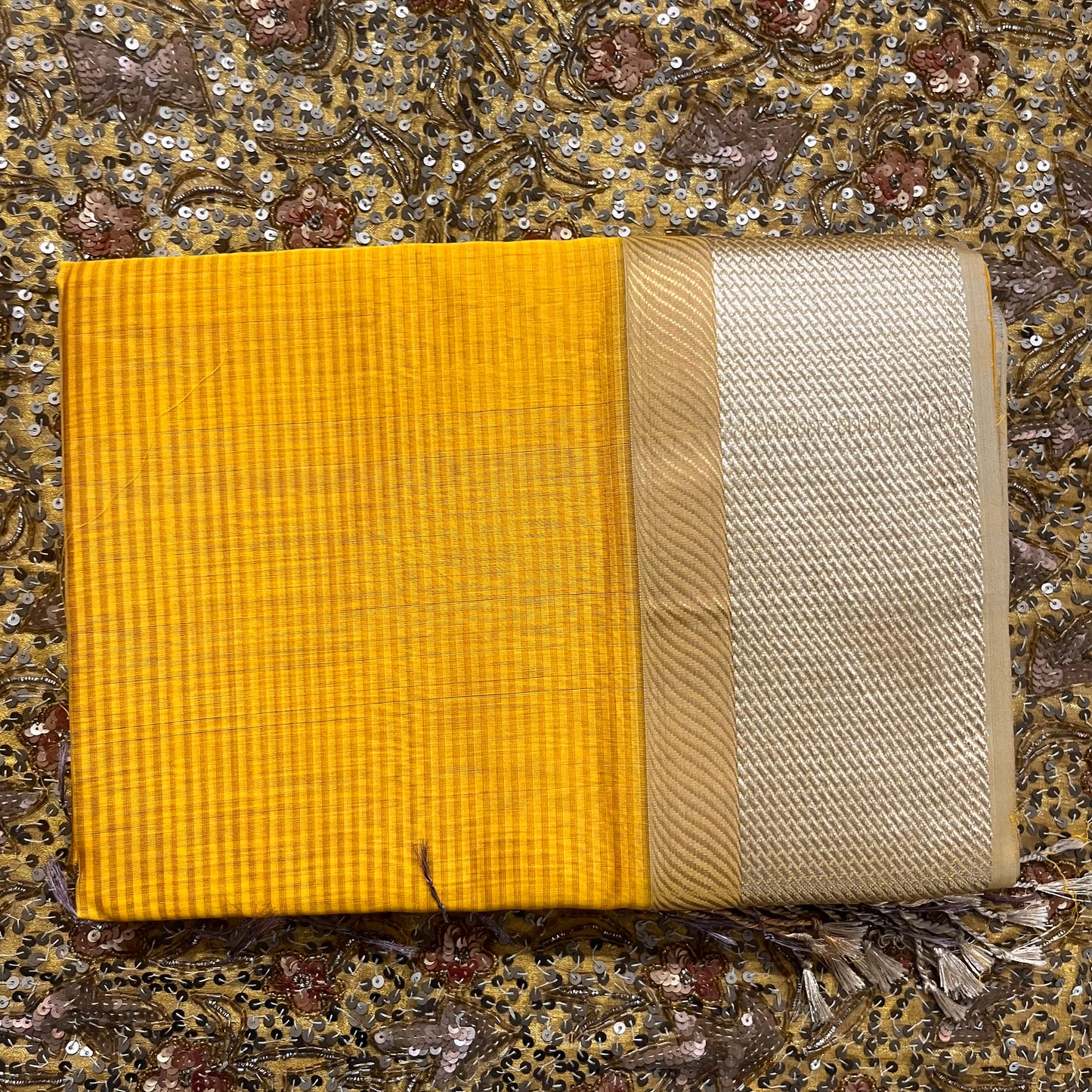 Yellow maheshwari saree with resham border