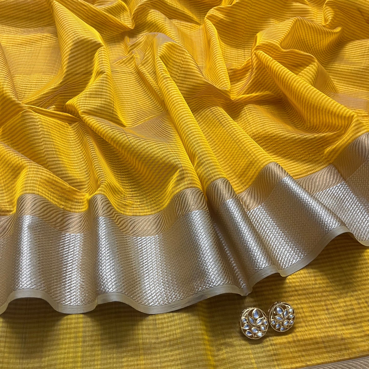 Yellow maheshwari saree with resham border