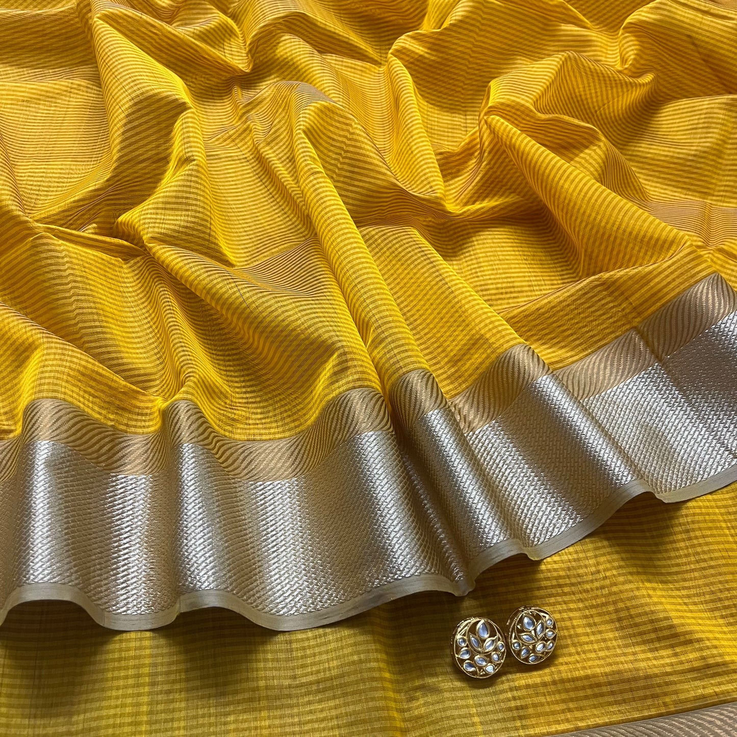 Yellow maheshwari saree with resham border