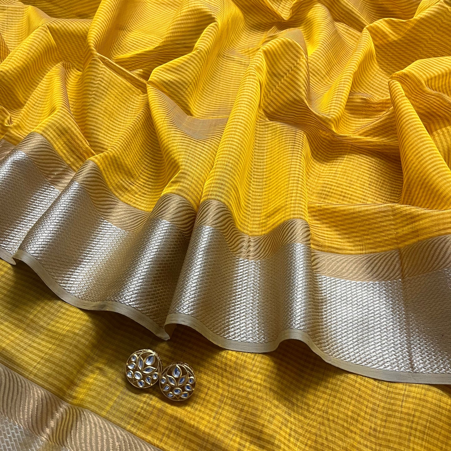 Yellow maheshwari saree with resham border