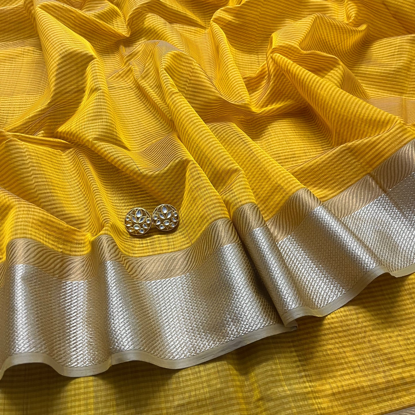 Yellow maheshwari saree with resham border