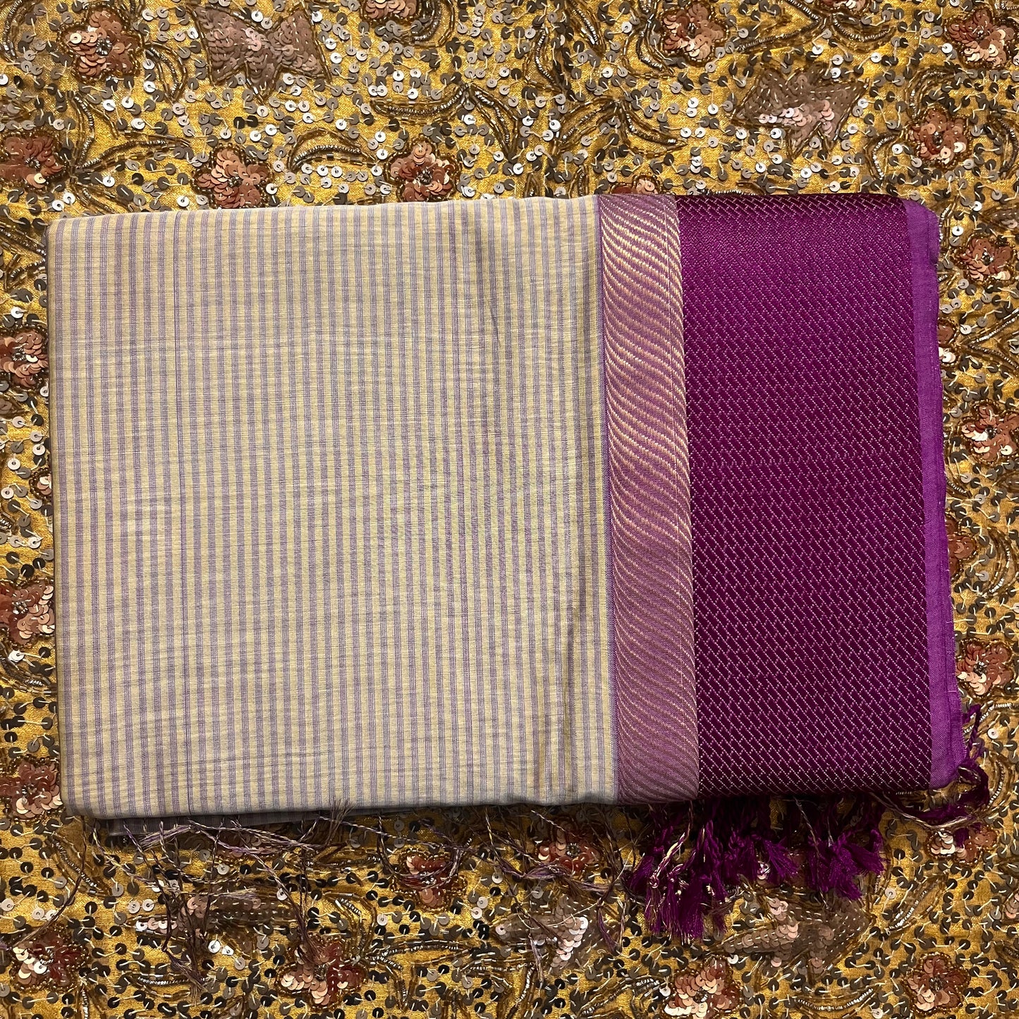 Beige and Violet maheshwari saree with resham border