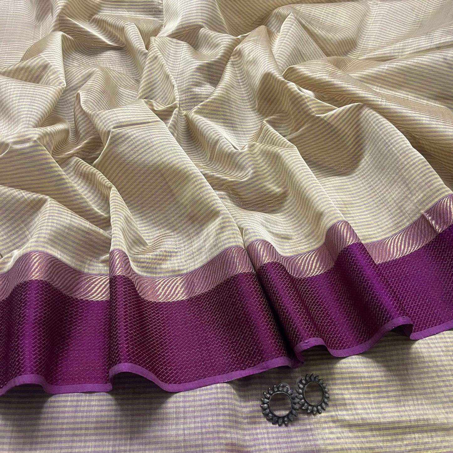 Beige and Violet maheshwari saree with resham border