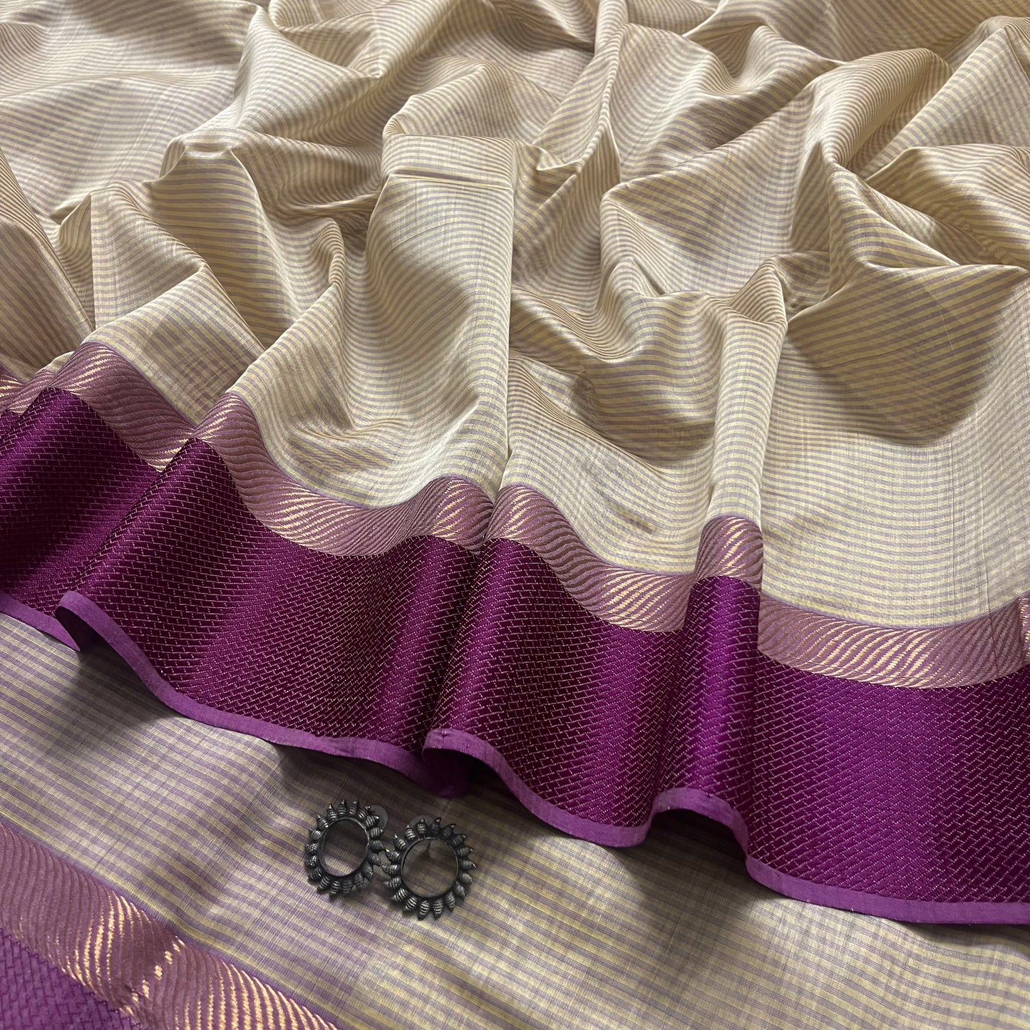 Beige and Violet maheshwari saree with resham border