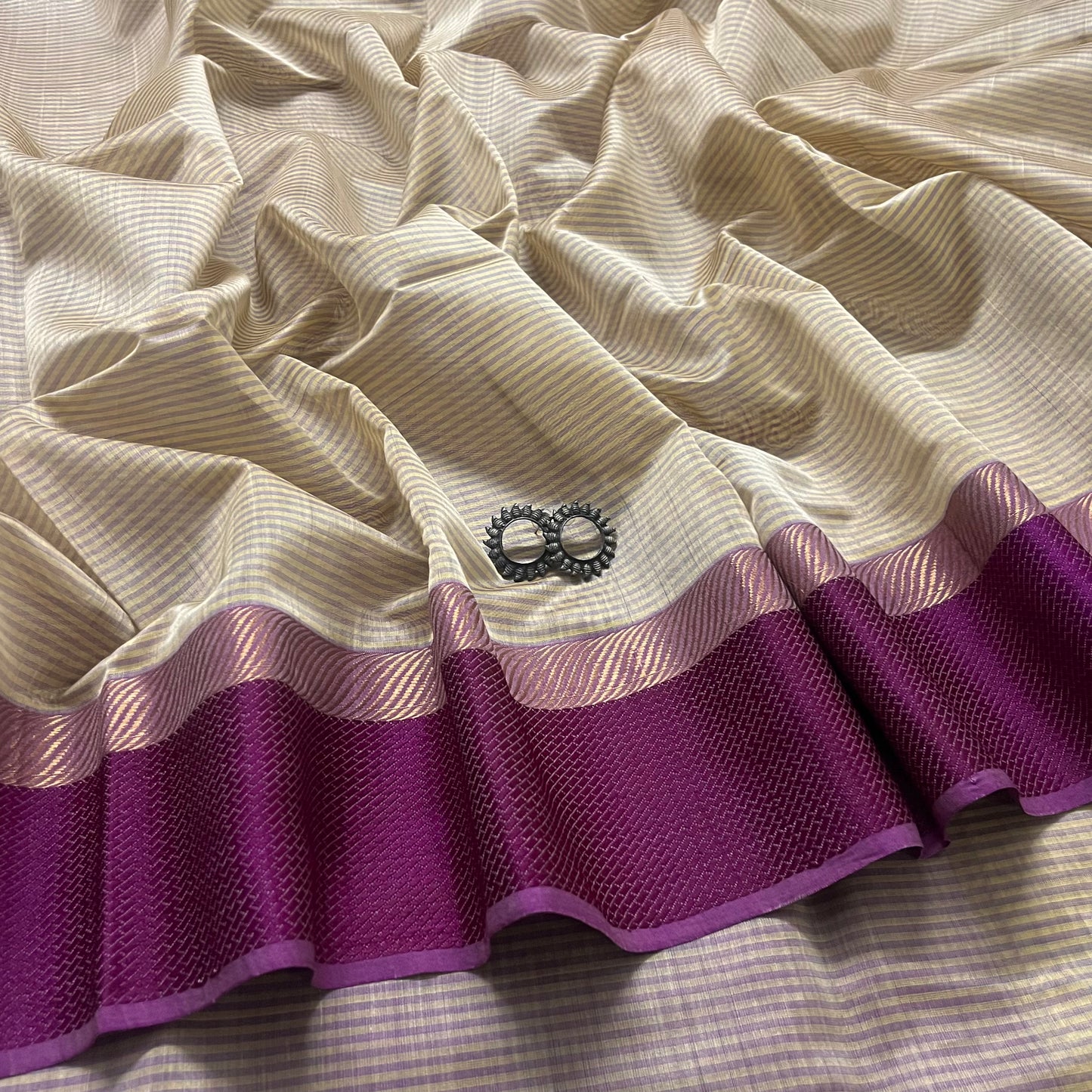 Beige and Violet maheshwari saree with resham border