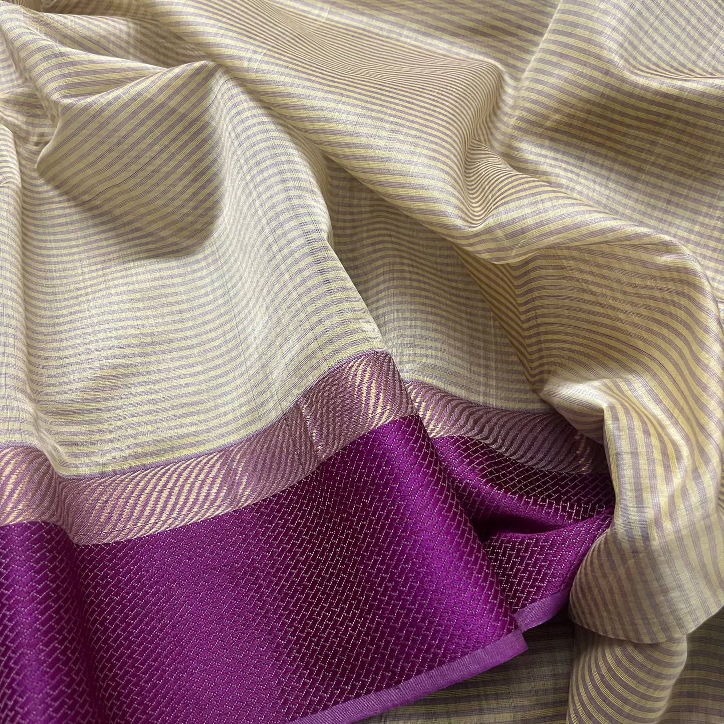 Beige and Violet maheshwari saree with resham border