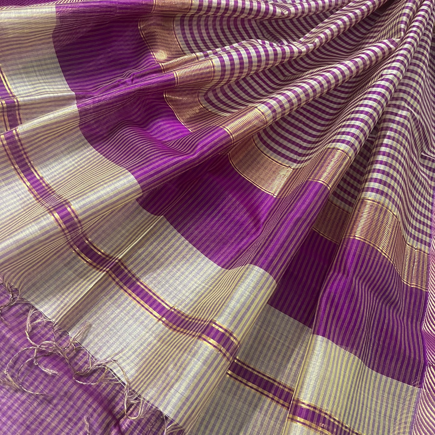 Beige and Violet maheshwari saree with resham border