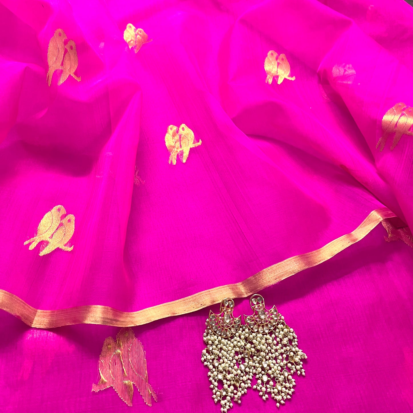 Pink chanderi organza silk saree with bird motifs all over