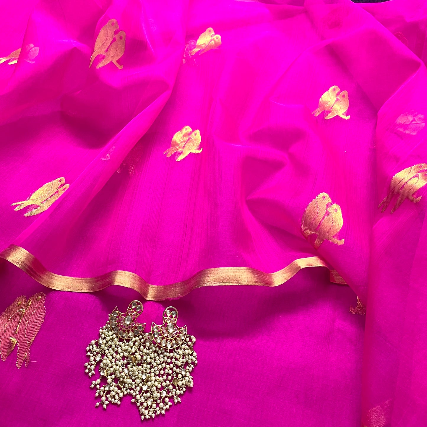 Pink chanderi organza silk saree with bird motifs all over