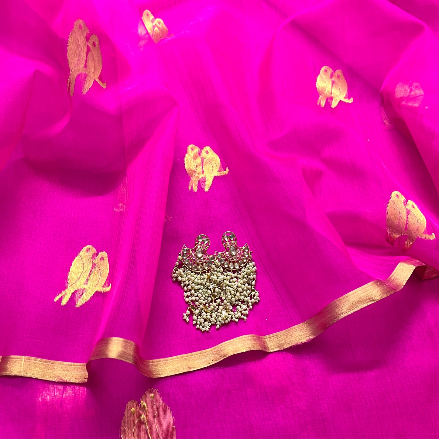 Pink chanderi organza silk saree with bird motifs all over