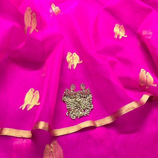 Pink chanderi organza silk saree with bird motifs all over