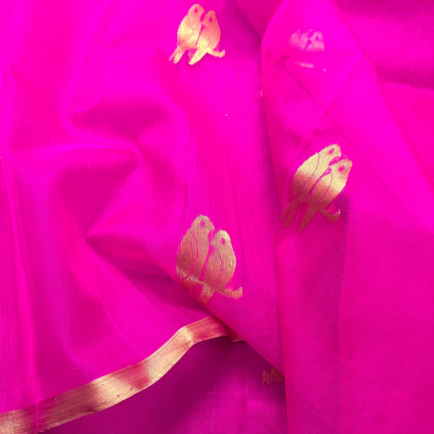 Pink chanderi organza silk saree with bird motifs all over