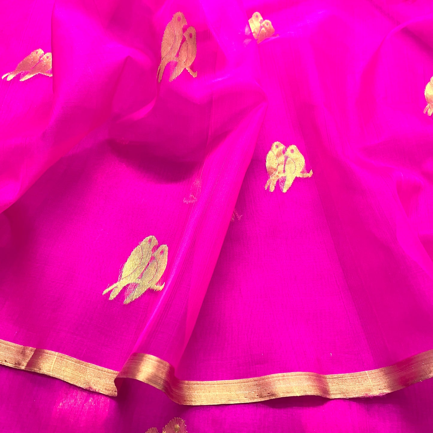 Pink chanderi organza silk saree with bird motifs all over