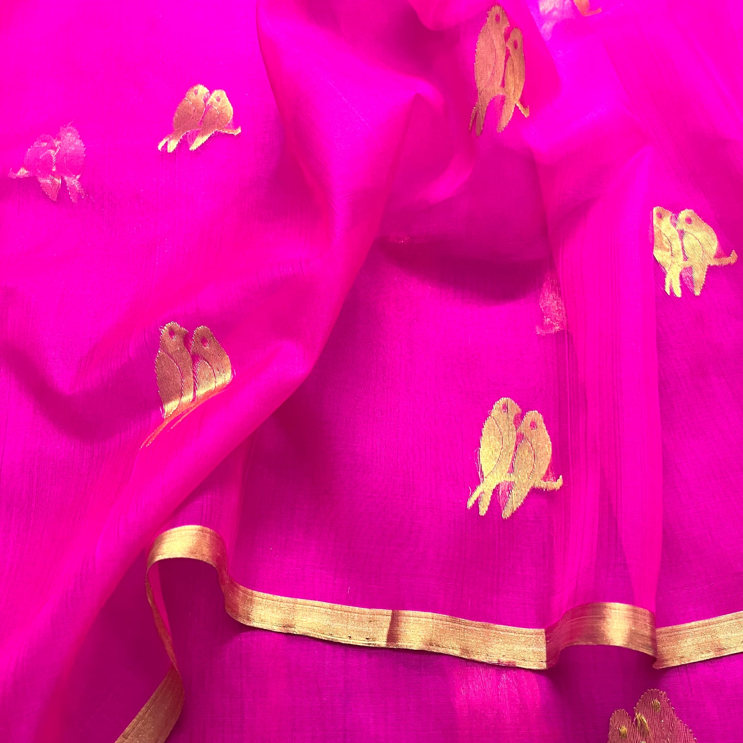 Pink chanderi organza silk saree with bird motifs all over